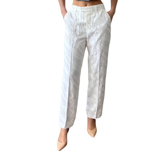 Zadig &Voltaire Pants White Ecru Jacquard Fringe High Waisted Sraight Leg Sz 36 - Picture 1 of 12